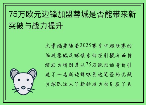 75万欧元边锋加盟蓉城是否能带来新突破与战力提升